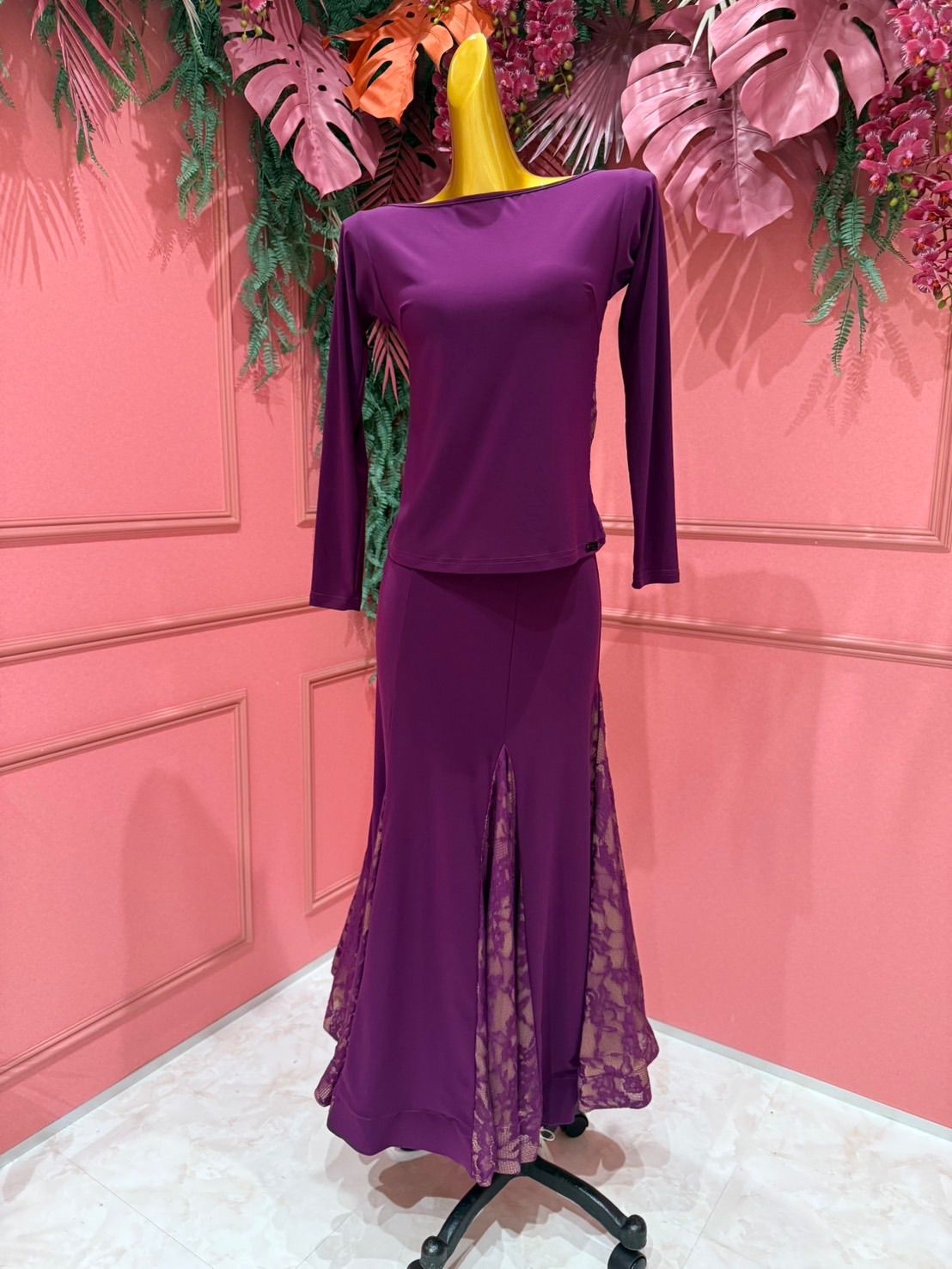 ラスト1点Lサイズ 社交ダンス gentil ジャンティ authentic 花柄レーススカート パープル 242507008