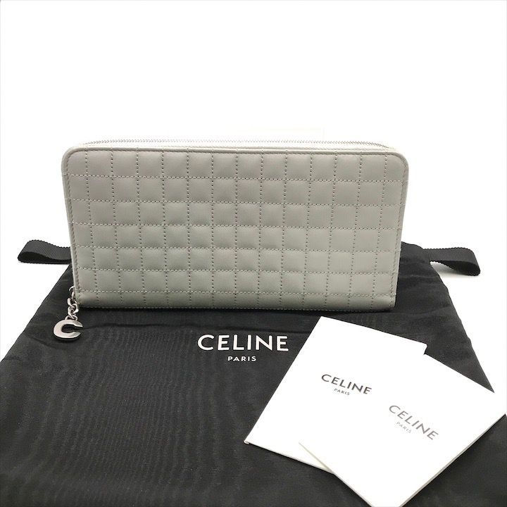CELINE セリーヌ レザー ステッチ Cチャーム ラウンドファスナー ウォレット 長財布 グレー レディース ブランド 小物 k4762