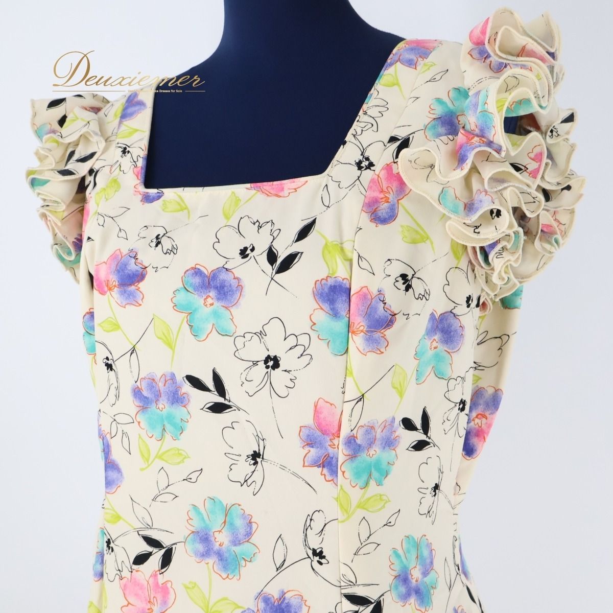 【美品 スペイン製 フラメンコ衣装】アイボリー RONEY ルーニー ワンピース ドレス 花柄 ボランテ フリル レース 水色 ピンク 美品 スペイン製 フラメンコ衣装】アイボリー RONEY ルーニー
