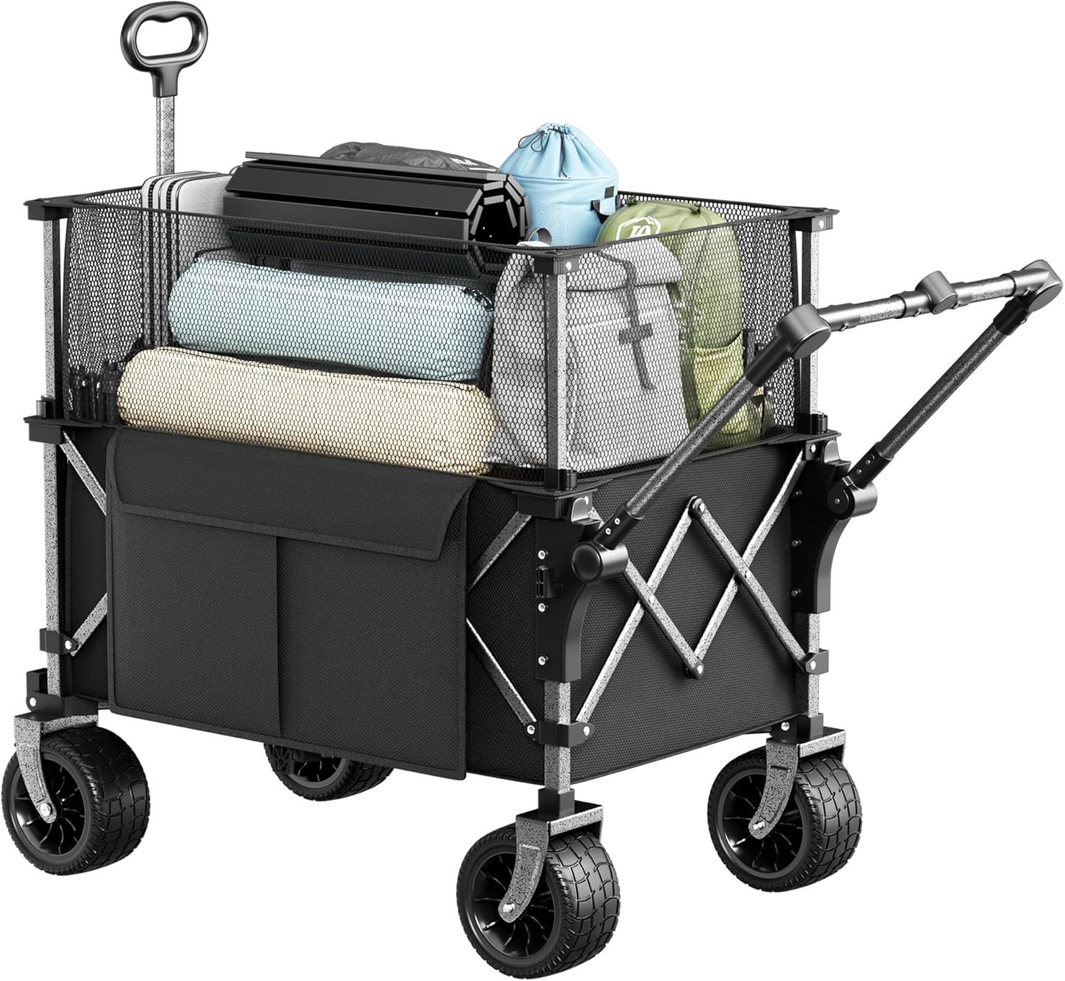 DXZ アウトドア キャリーワゴン 380L大容量 耐荷重136kg テント車輪 昇降ネット付 折り畳み式 屋外|家庭用 展開88×45.7×88cm ｜キャンプ|引越し|防災|車中泊|多用途ワゴン 収納 移動台車 高耐久設計