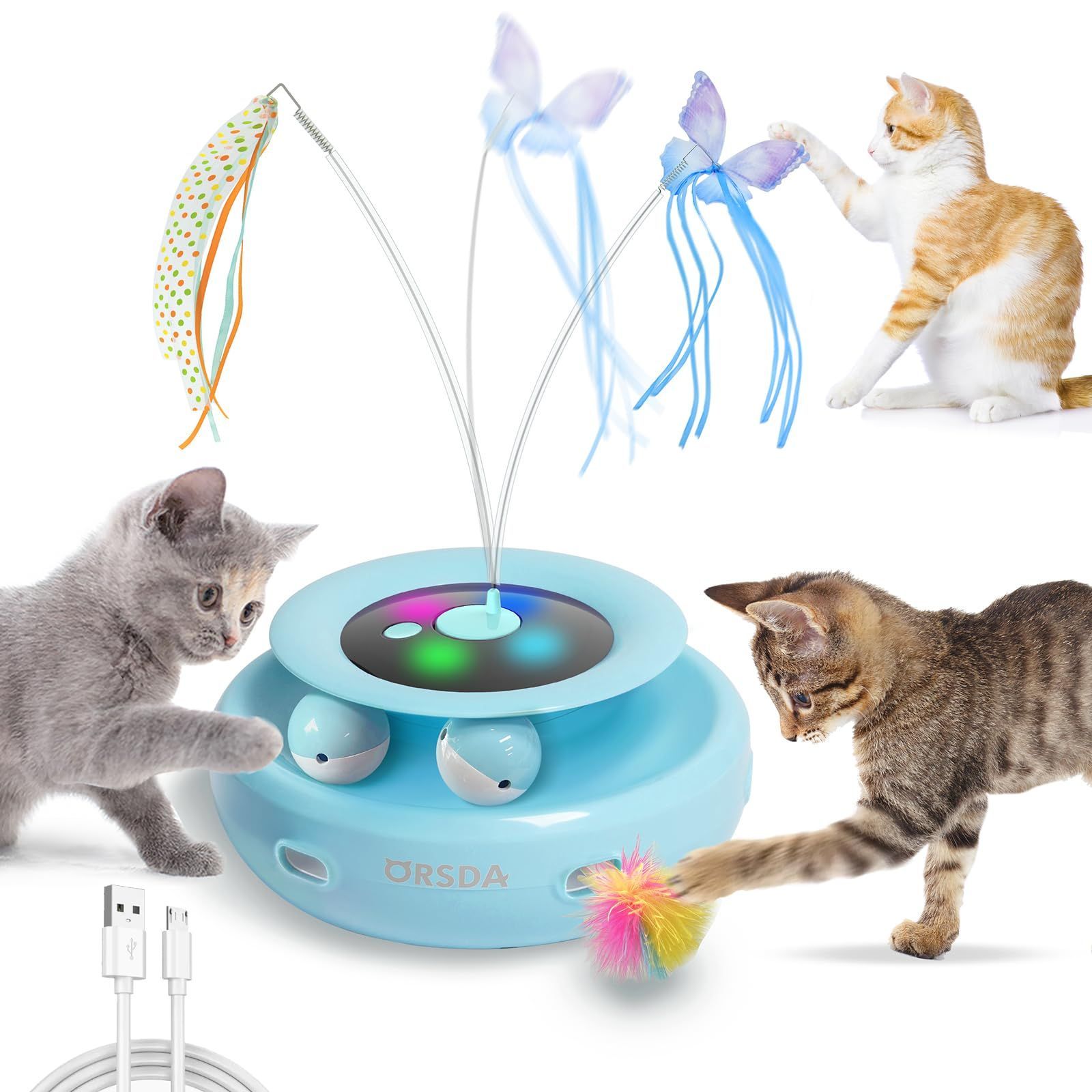 3in1一体式 猫ボール 6本取り替え天然羽根付 2000mAh 自動 Type-C 猫じゃらし 充電式電源 手作りの蝶々一人遊び猫おもちゃ自動 ORSDA 寂しさ解消|運動不足対策 電動 狩猟天性満足 猫大興奮 猫おもちゃ ブルー