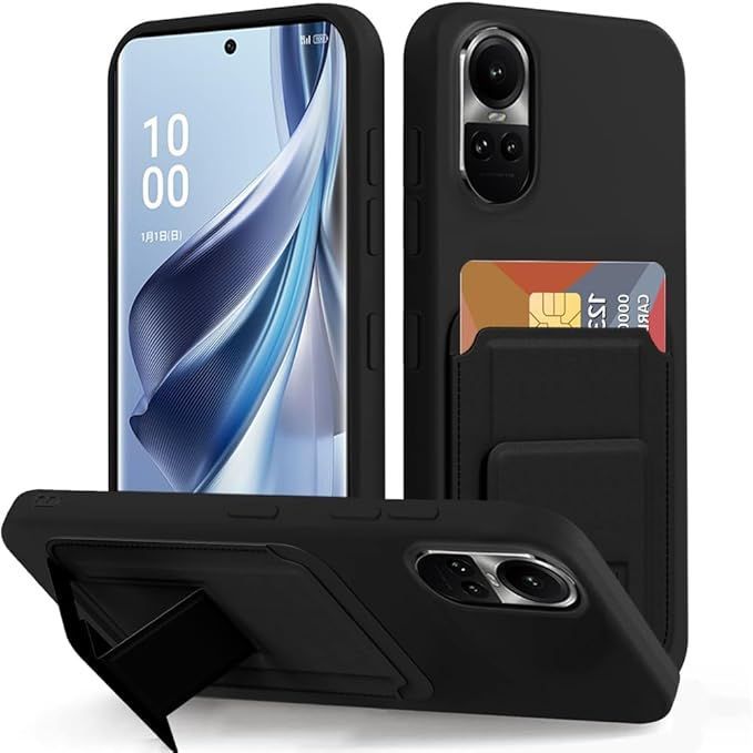 OPPO Reno10 Pro 5G 専用ケース スタンド機能付き カード収納可能 軽量 薄型 指紋や擦り傷防止 衝撃吸収 シリコン製 オッポ リノ10 Pro ケース 対応 ブラッ
