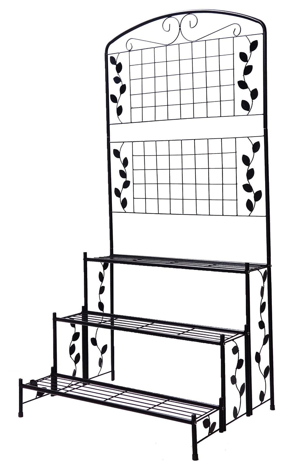 在庫 ブラック 幅80×奥行60×高さ162cm 3段タイプ ラティス付き プランターの整理整頓 アイアンプランタースタンド 縦の空間演出 リーフ調モチーフ Out アイアン調 リビングアウト Living 鉄製フェンス