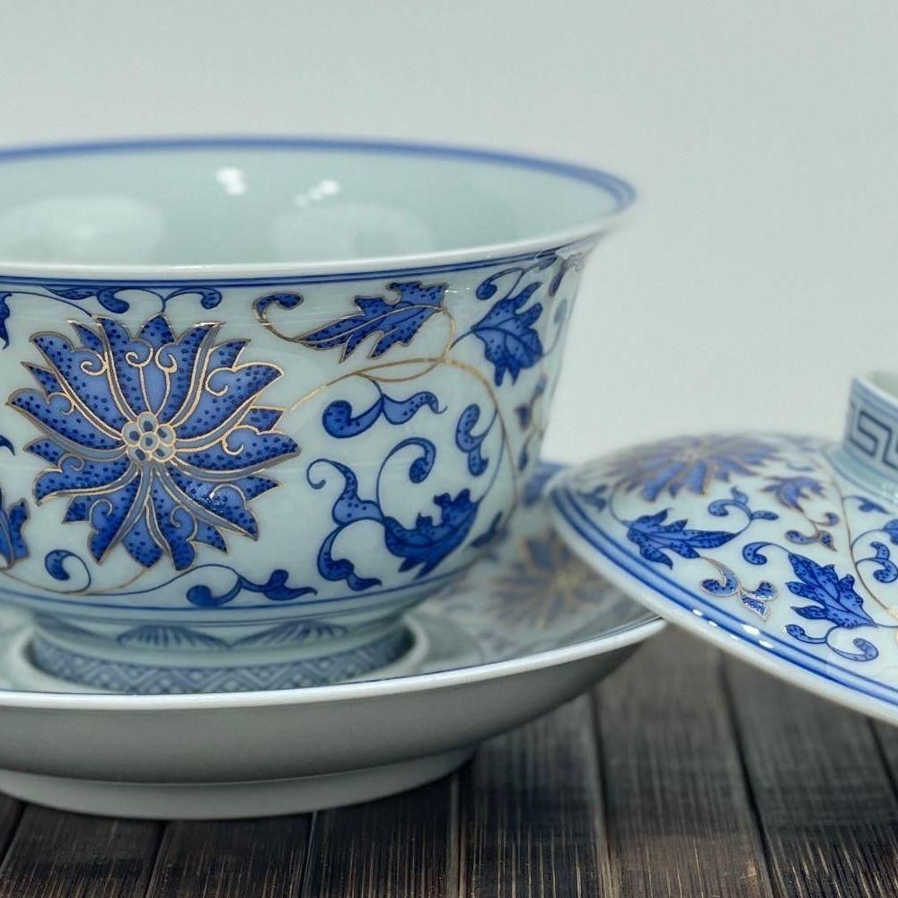 中国茶器 景徳鎮 締め金糸青花磁蓋碗 茶碗 煎茶器 新品未使用