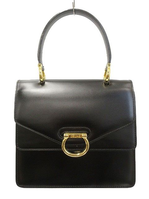 セリーヌ CELINE ダブルフラップ ハンドバッグ ヴィンテージ 黒 ブラック 革 レザー AA