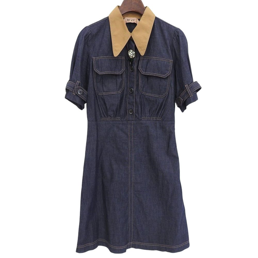 N゜21 ヌメロ ヴェントゥーノ コットン混 ラインストーン デニムワンピース レディース ネイビー 38 38