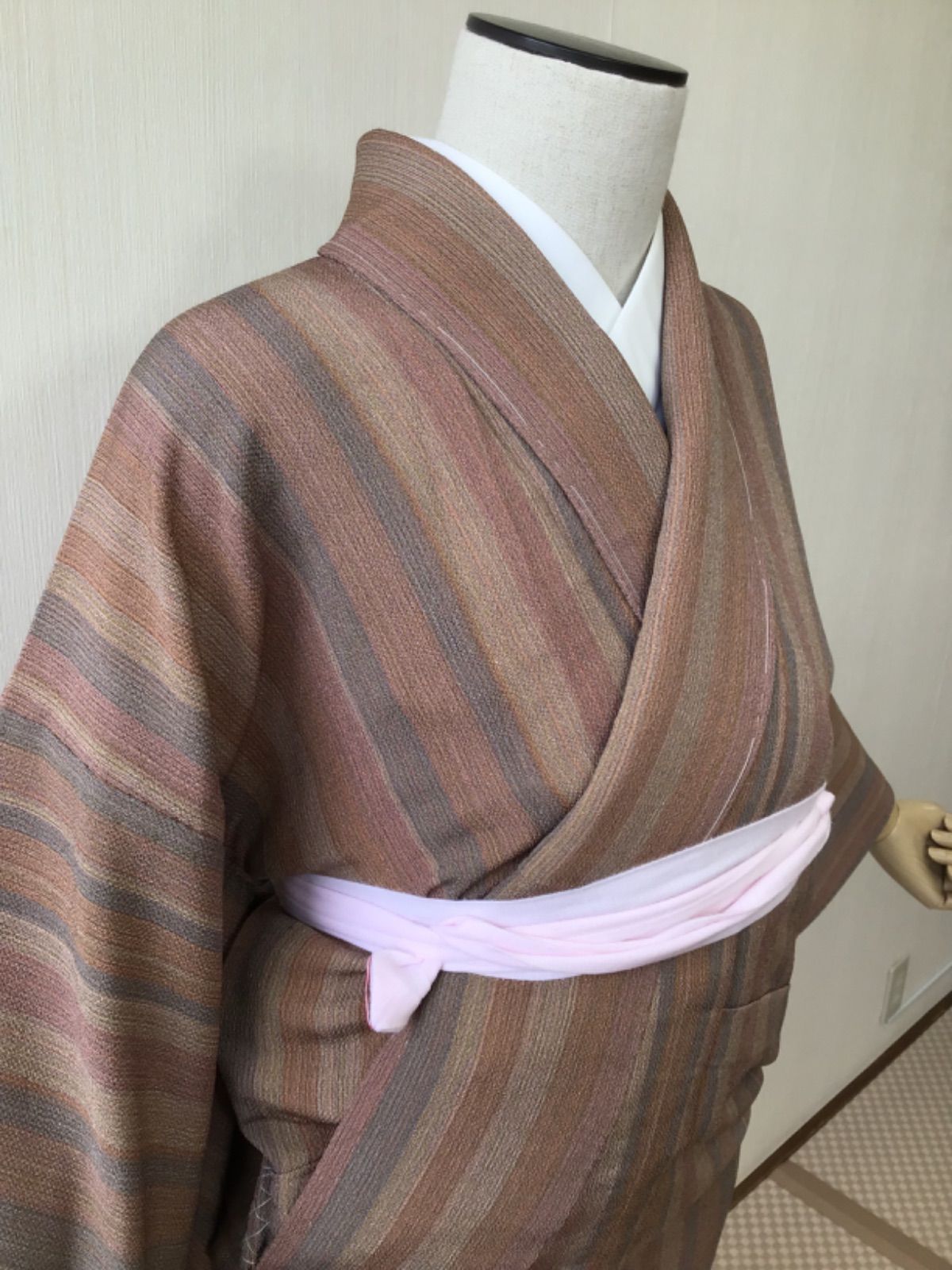 単衣 小紋 縞 鴇浅葱色 裄66cm 正絹 - メルカリ