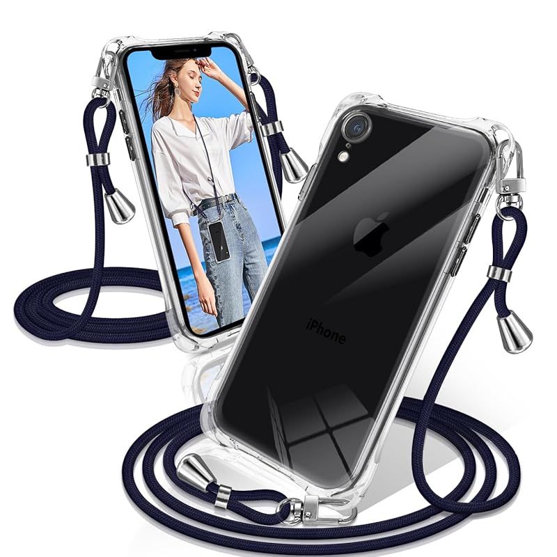 新品　iPhone XR ケース クリア ショルダー 耐衝撃 iPhoneXR スマホケース 透明 織りストラップ付き 肩がけ 首掛け 紐付き アイフォンXR カバー 縄掛け シングルショルダーロープ 斜めがけ 調節可