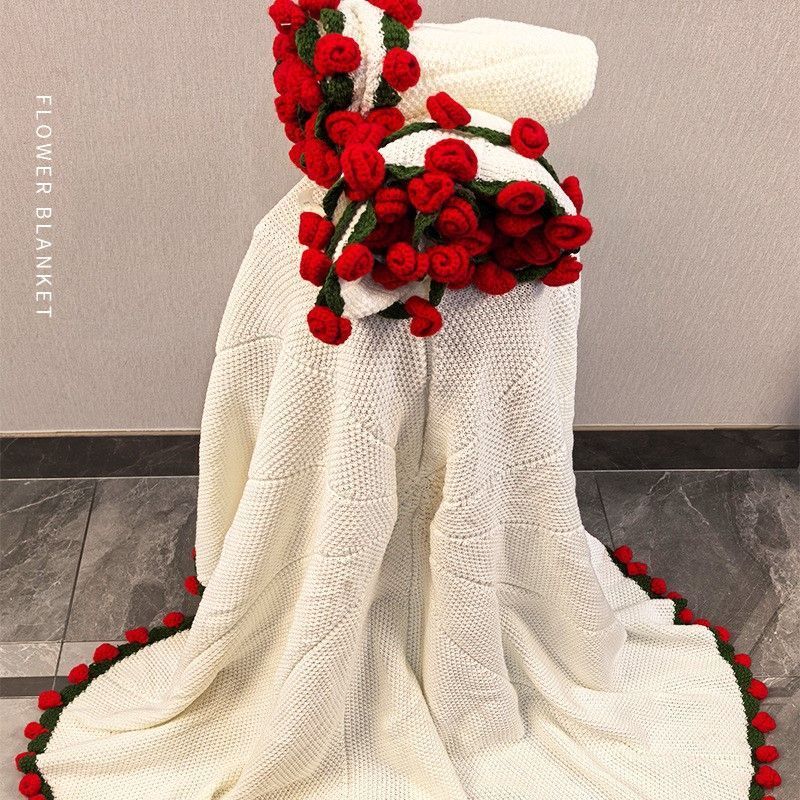 ハンドメイド手編みの薔薇ブランケット 編み物ブランケット Roseモチーフブランケットのピンクカラーできました🙌 細い1本の