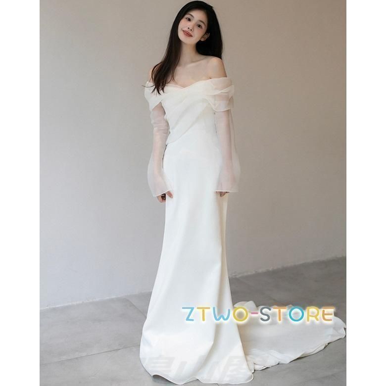 ウェディングドレス オフショルダー ウェディングドレス 大きいサイズ 3L 4L 小さいサイズ ウェディングドレス 二次会 シンプル 袖あり 長袖 トレーン 前撮り