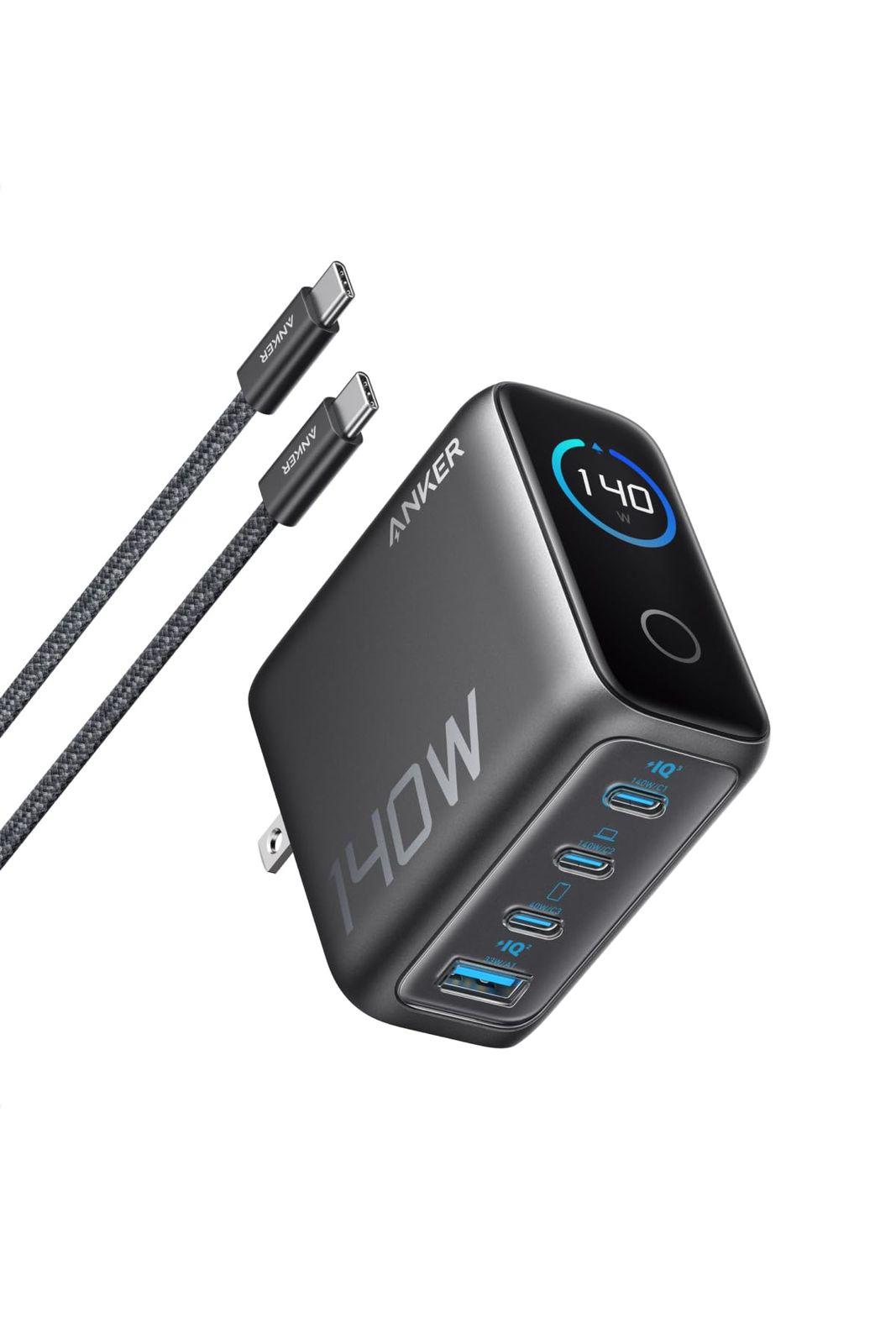 Anker Charger 140W 4 Ports with USB-C - USB-C ケーブル ダークグレー PSE技術基準適合|折りたたみ式プラグ MacBook PD対応Windows PC iPad iPhone Galaxy Andr