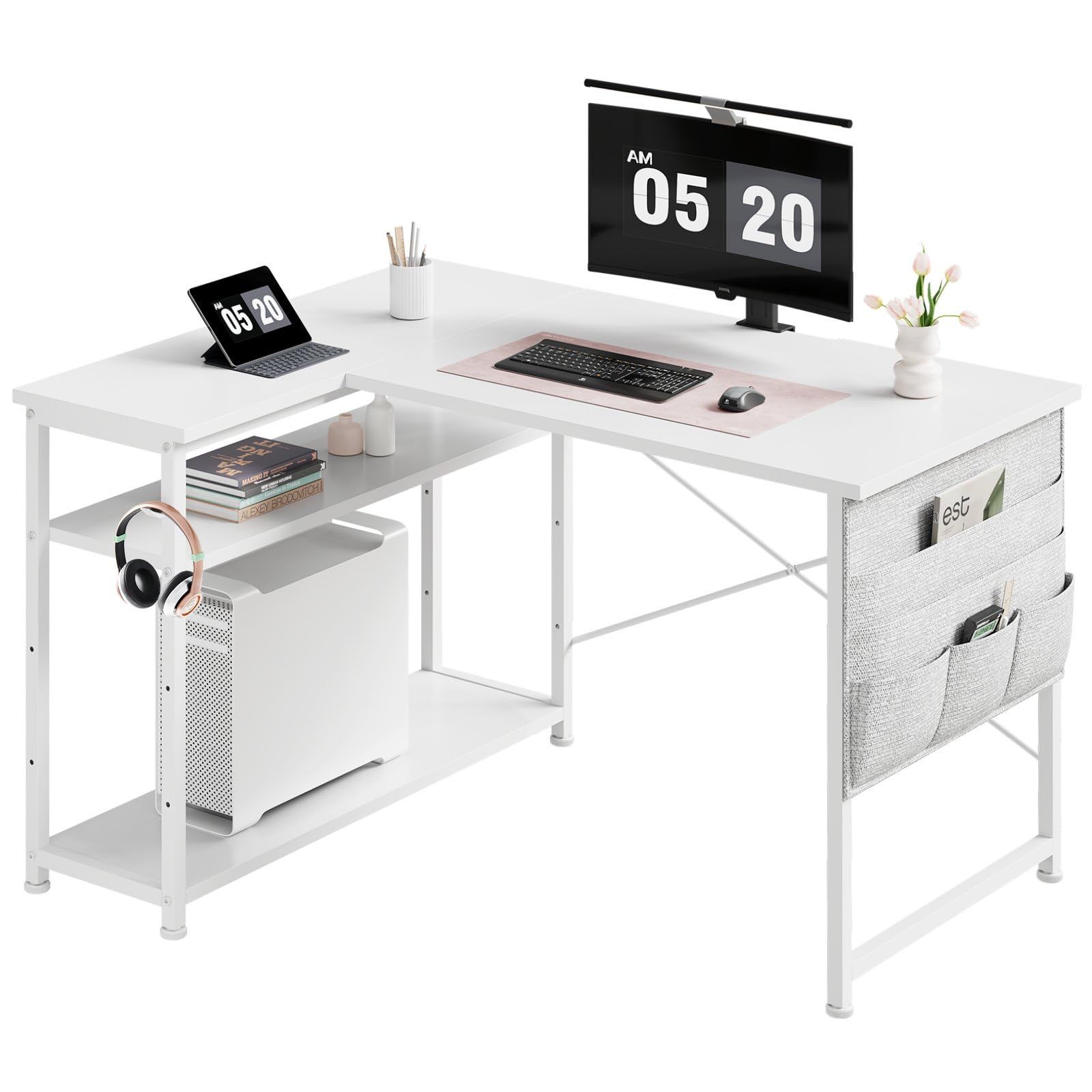 在宅ワークデスク L字型 作業机 棚板高さ調節 リモートワーク つくえ コーナーデスク desk ゲームデスク 幅99cm 右棚左棚 パソコンデスク ラック付き 勉強机 学習机 pcデスク 白い 机 l字デスク Maihail