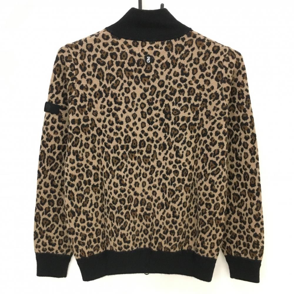 パーリーゲイツ ニットジャケット リベージュ系×黒 レオパード柄 ロゴ白 カシミヤ混 レディース 0 S ゴルフウェア PEARLY GATES