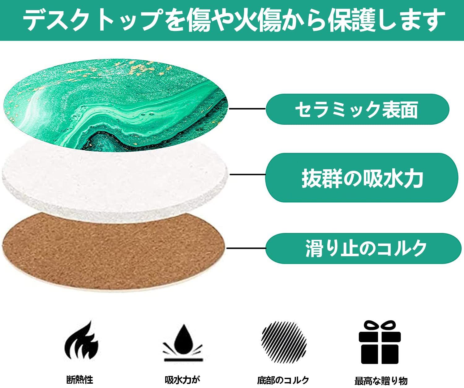 人気アイテムが再入荷！ 人気商品 HUACHENG コースター おしゃれ 6個セット セラミック製 大理石模様 耐熱 保護コルク裏面 マグ お茶パッド カップマット 吸水 速乾 断熱 滑り止め 家庭用 オフィス用 ボヘミアン風 丸型 ホルダー付き グリーン