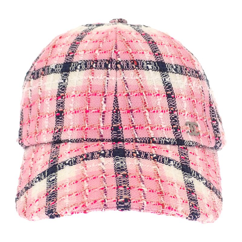 シャネル CHANEL ココマーク ツイード AAA008_B16357_NX209 キャップ 帽子 コットン ピンク シルバー金具 レディース Aランク