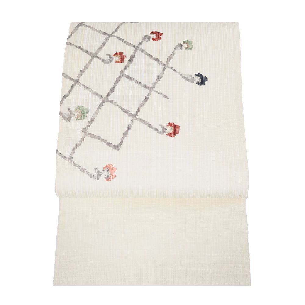 【おすすめ】 名古屋帯 紗 正絹 夏物 未使用品 N2984 Lサイズ 花柄 薄クリーム 着物・浴衣