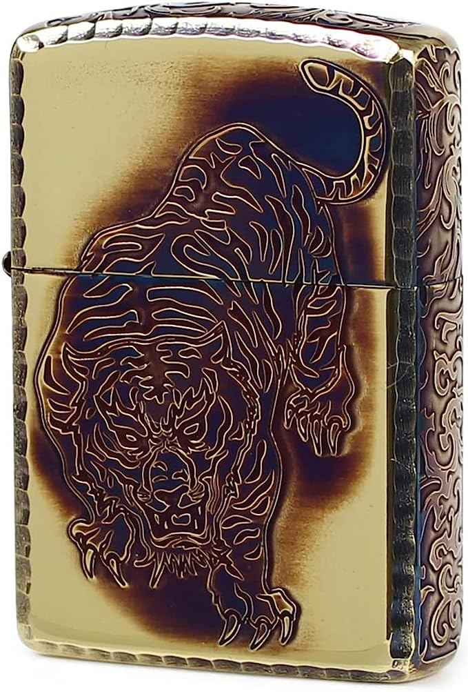 ゴールド ZIPPO(ジッポ) ライター アーマー 虎 唐草 金タンク 5面加工