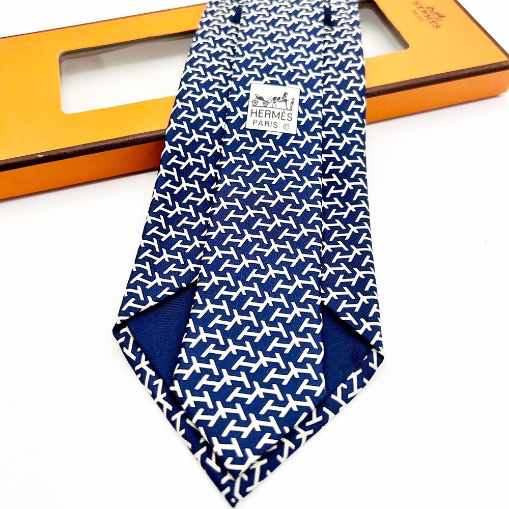 極美品】エルメス HERMES ネクタイ エルメスH柄 紺色系 ブルー