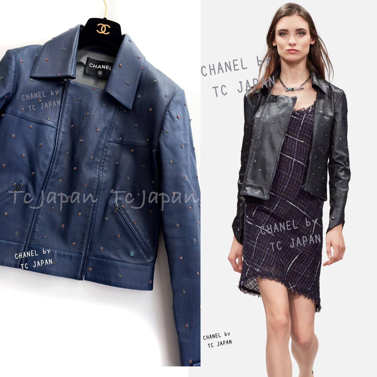 サイズタグF36112万円 シャネル CHANEL 超美品 ネイビー 紺 ラムスキン 最高級 本革 レザー ダブル ジッパー ライダース ジャケット  36 38 - テーラードジャケット