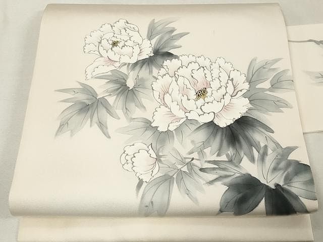 平和屋着物▽塩瀬 九寸名古屋帯 作家物 手描き 枝花文 正絹 逸品