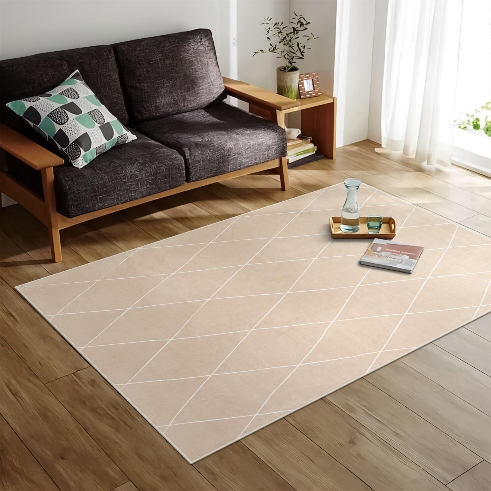 HAOCOO カーペット 洗える 140х200cm ラグ オールシーズン適用 ふわふわ すべり止め 低反発 防音 室内用 長方形 ラグマット 約2畳 アンティーク 抗菌防臭 幾何学柄 北欧風 エクルベージュ