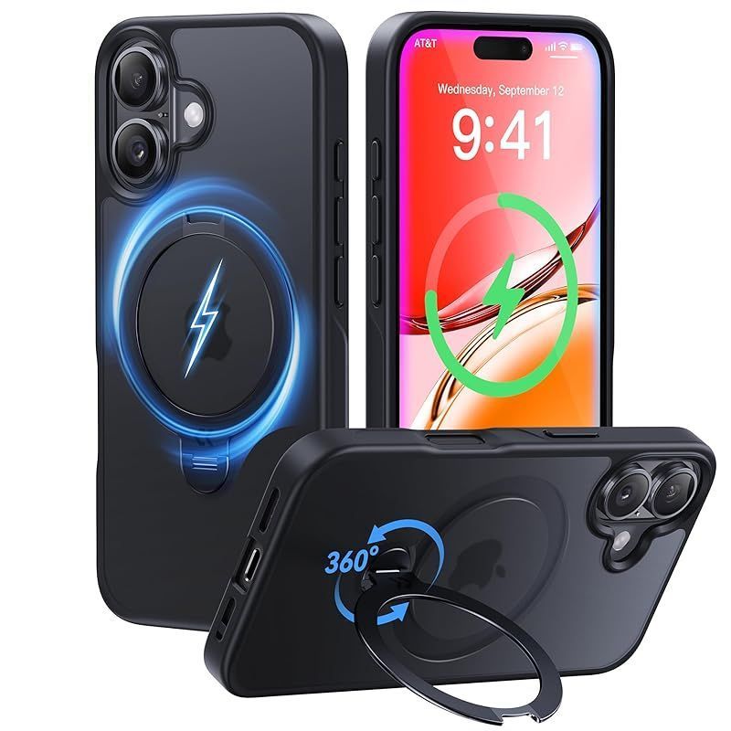 2025最高傑作-定点360度回転 CASEKOO iPhone 16 用 ケース 米軍MIL規格 耐衝撃 MagSafe対応 高耐久性 横縦両立?角度自由調整 最大25W