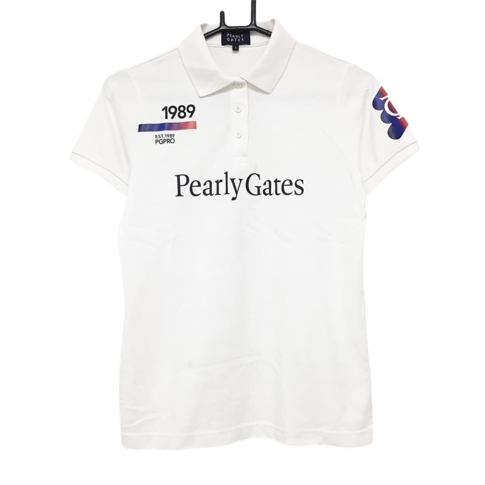 パーリーゲイツ 半袖ポロシャツ 白×黒 襟裏プリント レディース 1(Ｍ) ゴルフウェア 2023年モデル PEARLY GATES