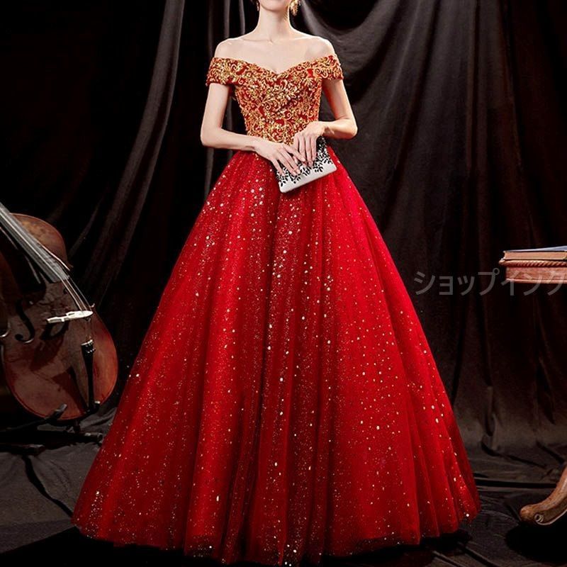 ドレス ワインレッド ゴールド刺繍 前撮り 赤 ロングドレス 結婚式 二次会 発表会 演奏会 ウェディングドレス ウエディングドレス オフショルダー Aライン シフォン きらきら