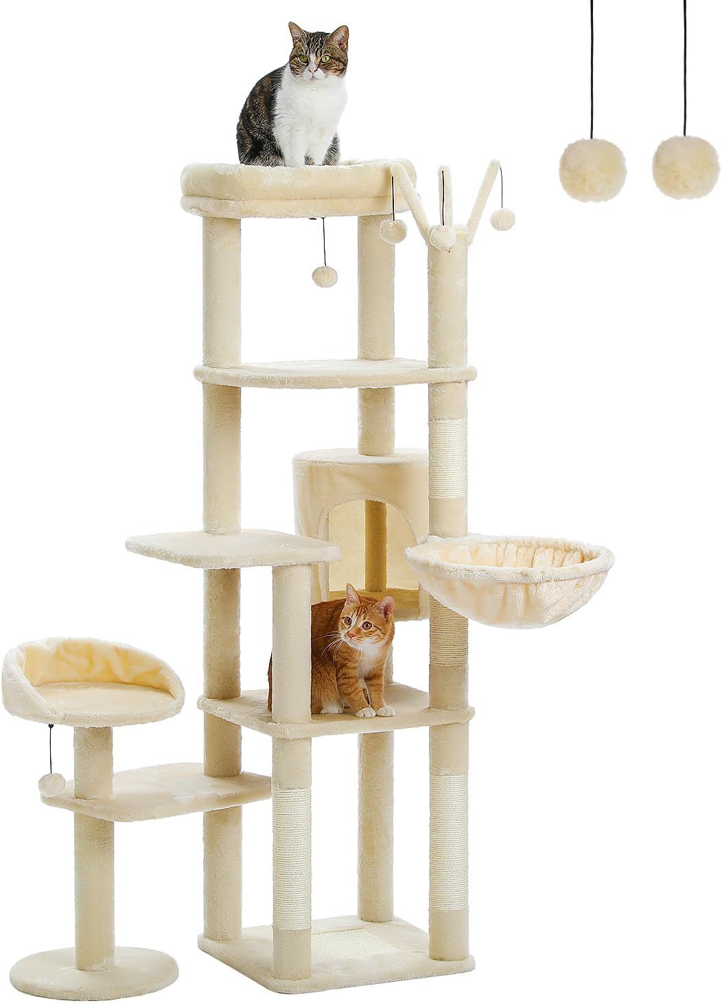 PETEPELA ぺテぺラ キャットタワー サボテン スリム 多頭飼い 大型猫用 据え置き おしゃれ 爪とぎポール 猫ハウス ハンモック 猫タワー 爪研ぎ サイザル麻 ポンポンおもちゃ 高さ150cm ベージュ