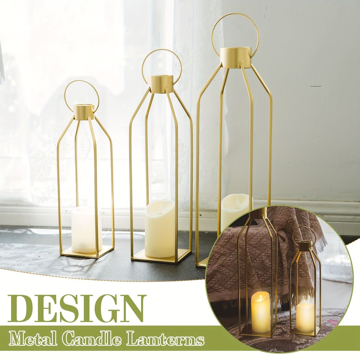 3個セット モダンファームハウス キャンドルランタン ゴールド仕上げ 高さ22インチ 金属製 フロアマウント式 宗教的テーマ インテリア装飾小物 複数 holidays対応