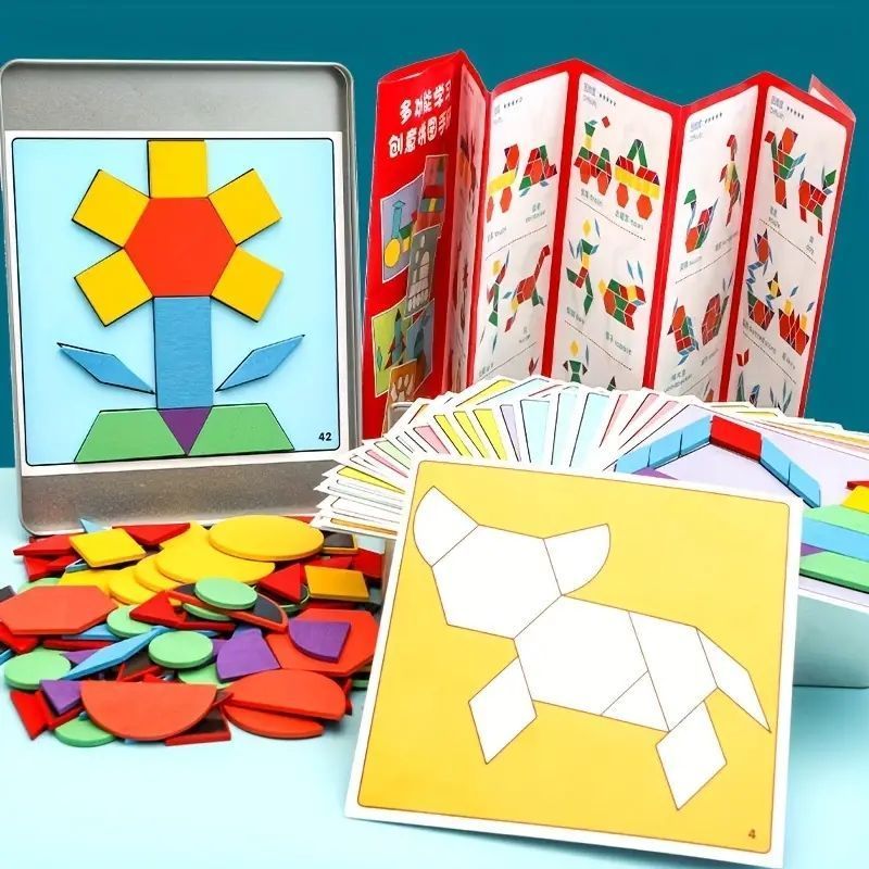 木製ジオメトリック形状パズルセット磁気知能タングラムパズルゲーム 木製 early education 磁気玩具 英語認知カード