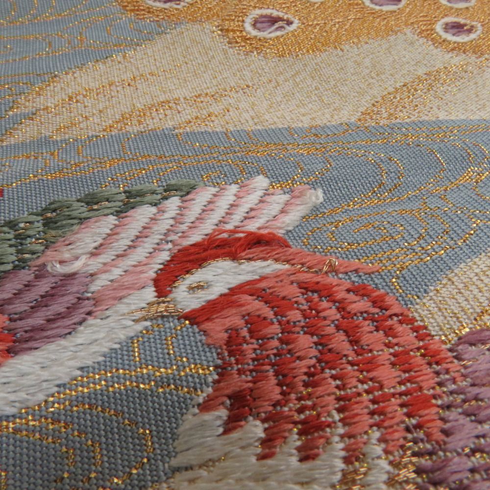 袋帯 正絹 お太鼓柄 オシドリ柄 刺繍入り 銀糸金糸 ゴールドｘシルバーｘ多色 礼装 フォーマル 仕立て上がり 長さ440cm 【キモノオフ野々市若松店】 袋帯 正絹 お太鼓柄 オシドリ柄 刺繍入り 銀糸金糸 ゴールドxシルバー