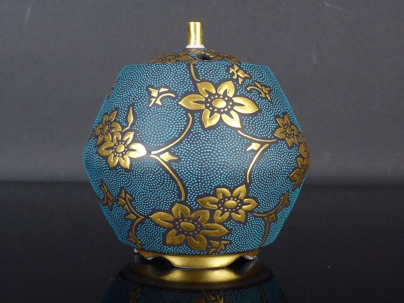 九谷 錦玉 青粒 香炉 清宮】九谷 仲田錦玉 作「渦打青粒