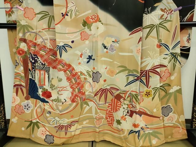 平和屋着物□極上 アンティーク 大正ロマン 振袖 駒刺繍 檜扇御所車花