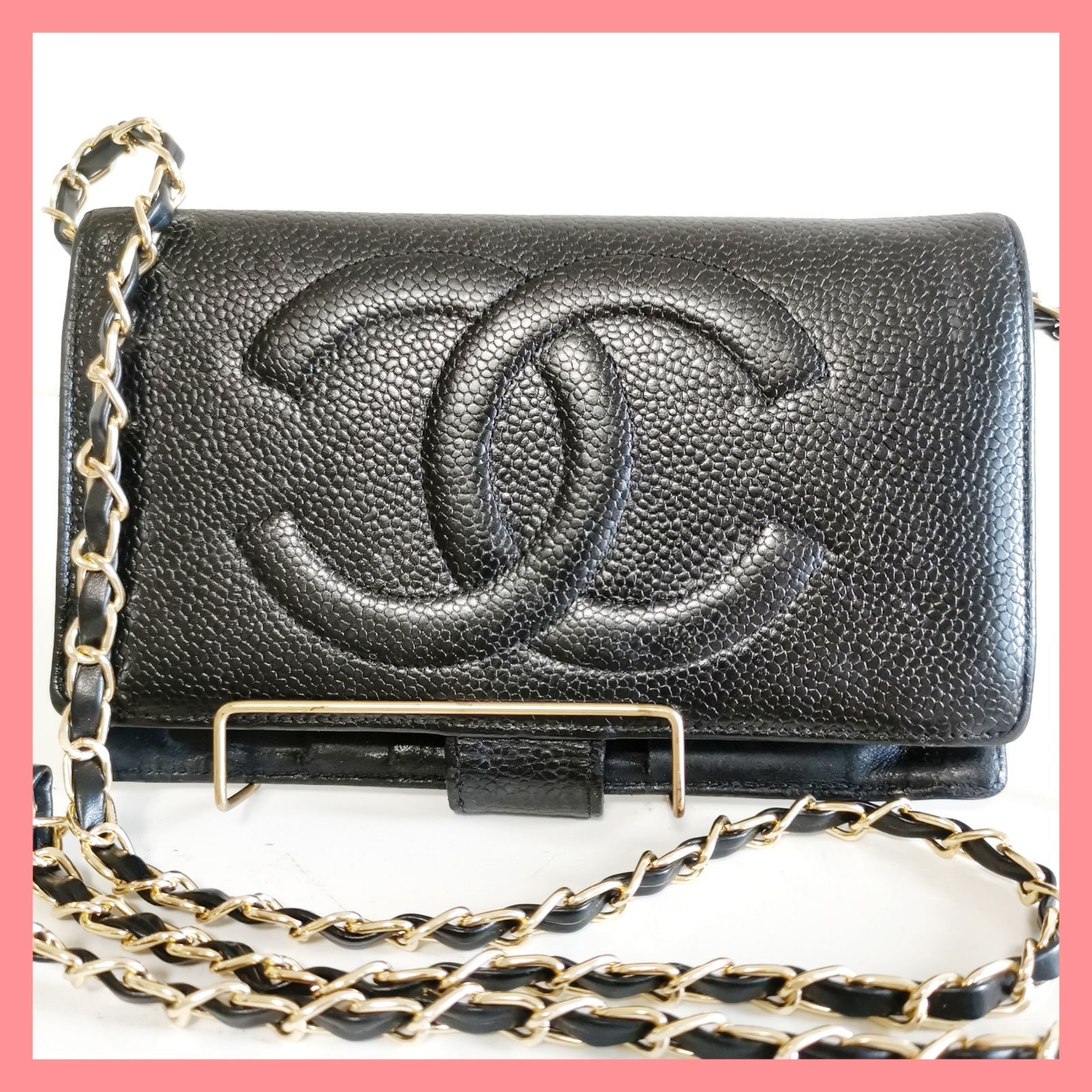 シャネル　ココマーク　キャビアスキン　がま口　長財布　百貨店シール　CHANEL 超人気品】シャネルCHANEL大ココマーク キャビアスキンがま口長