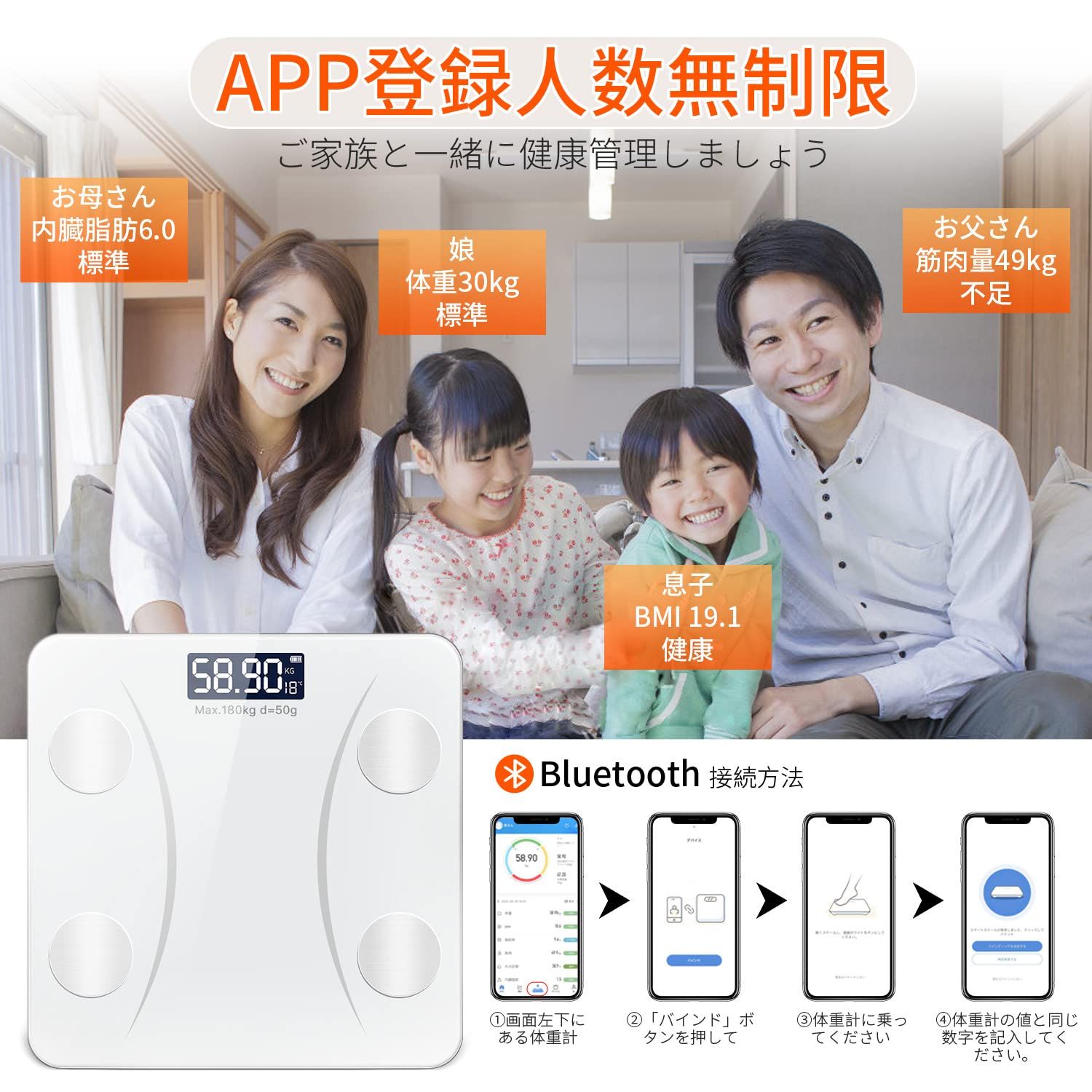 【人気商品】体脂肪計 ヘルスメーター Bluetooth 体組成計 2024最新 スマホ連動 高精度/軽量収納 日本語APP ボディスケール bluetooth 多機能測定 体重、体脂肪率、筋肉率、体水分率、BMI など測定