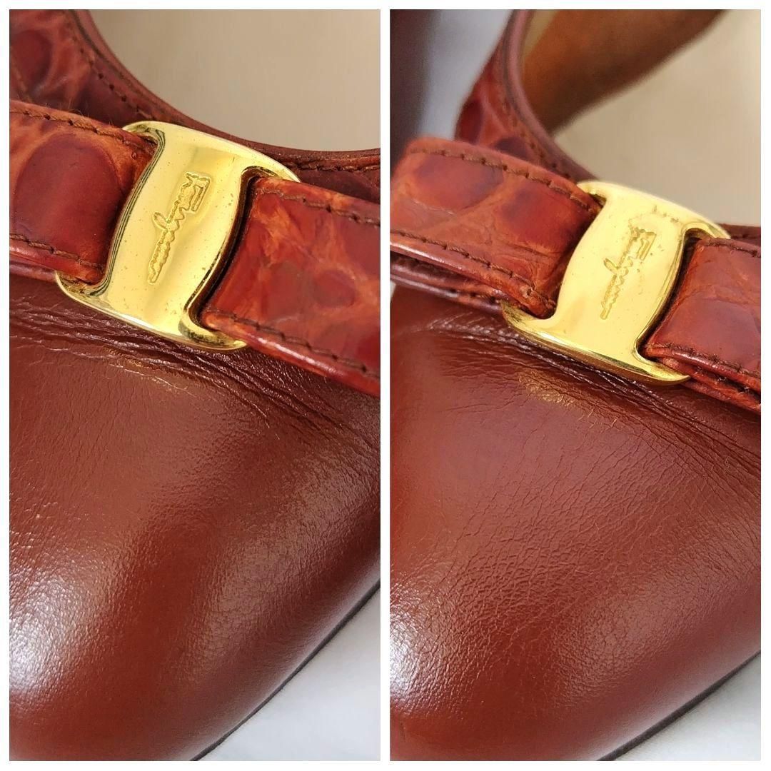 良品❤Ferragamo【フェラガモ】リボン ローヒール パンプス Ferragamo【フェラガモ】ヴァラリボン クロコ型押し ローヒール