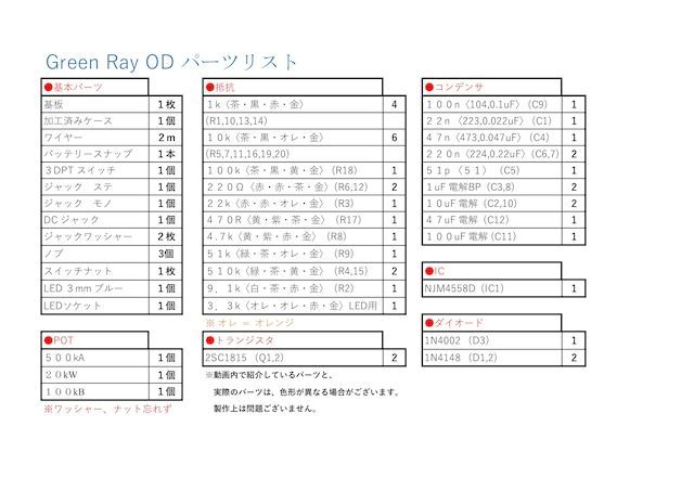 "Green Ray OD" TS10系 オーバードライブ 歪み《エフェクター自作キット》