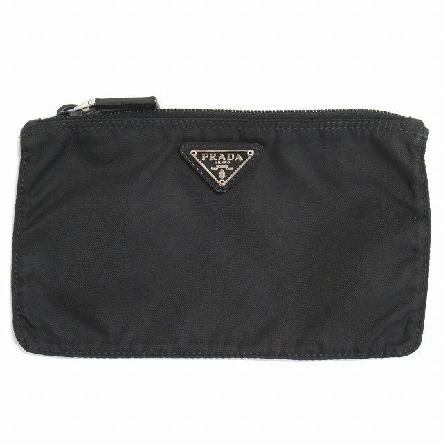外観美品　プラダ　トライアングル　三角ロゴプレート　ミニポーチ　ブラック　黒 美品 プラダ PRADA ナイロン フラット ポーチ 小物入れ