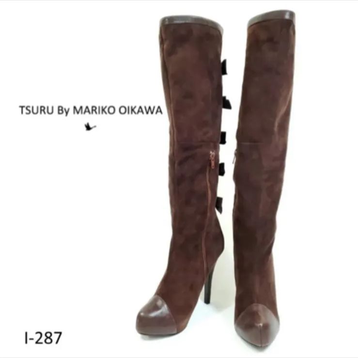TSURU by MARIKO OIKAWA ロングブーツ スエード×レザー 38 24cm バックリボン