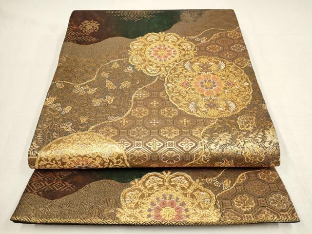 専用です★逸品　クリーニング済み　手描き友禅　正絹綸子に糸巻き、花丸文 手描き友禅/九寸名古屋帯 久呂田明功作 薔薇