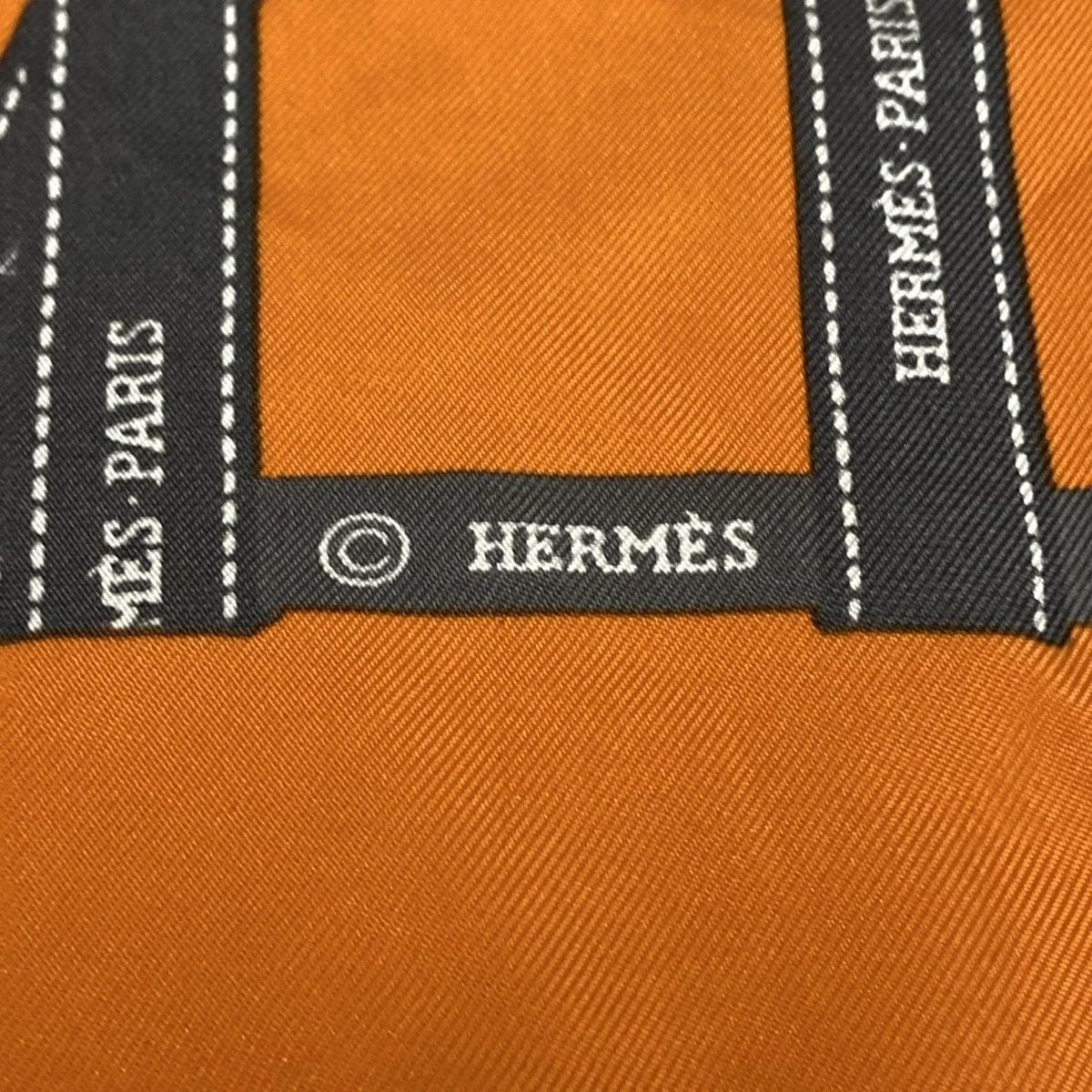 HERMES エルメス スカーフ カレ90 オレンジ×ダークグレー ボルデュックリボン柄