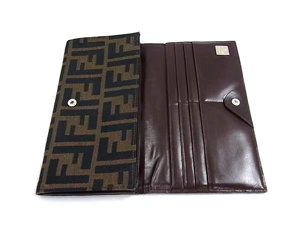 フェンディ 長財布 二つ折り キャンバス レザー ズッカ柄 総柄 茶色