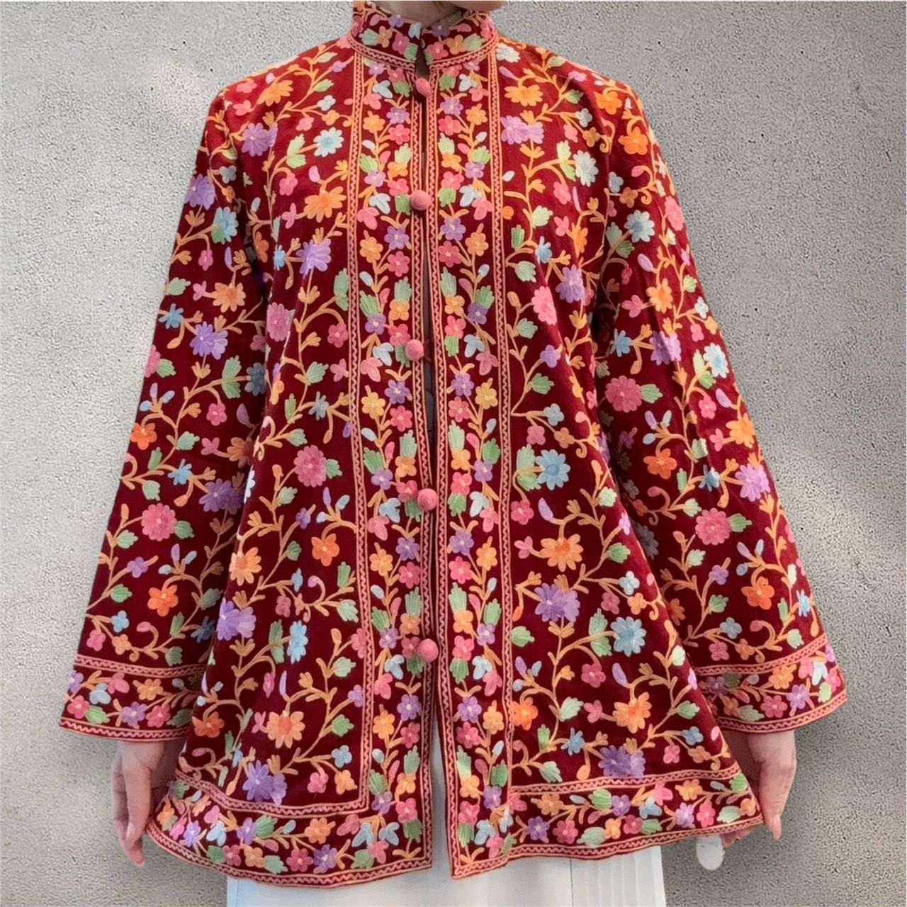 インド刺繍 ジャケット ロング丈 花柄 チュニック アウター レッド