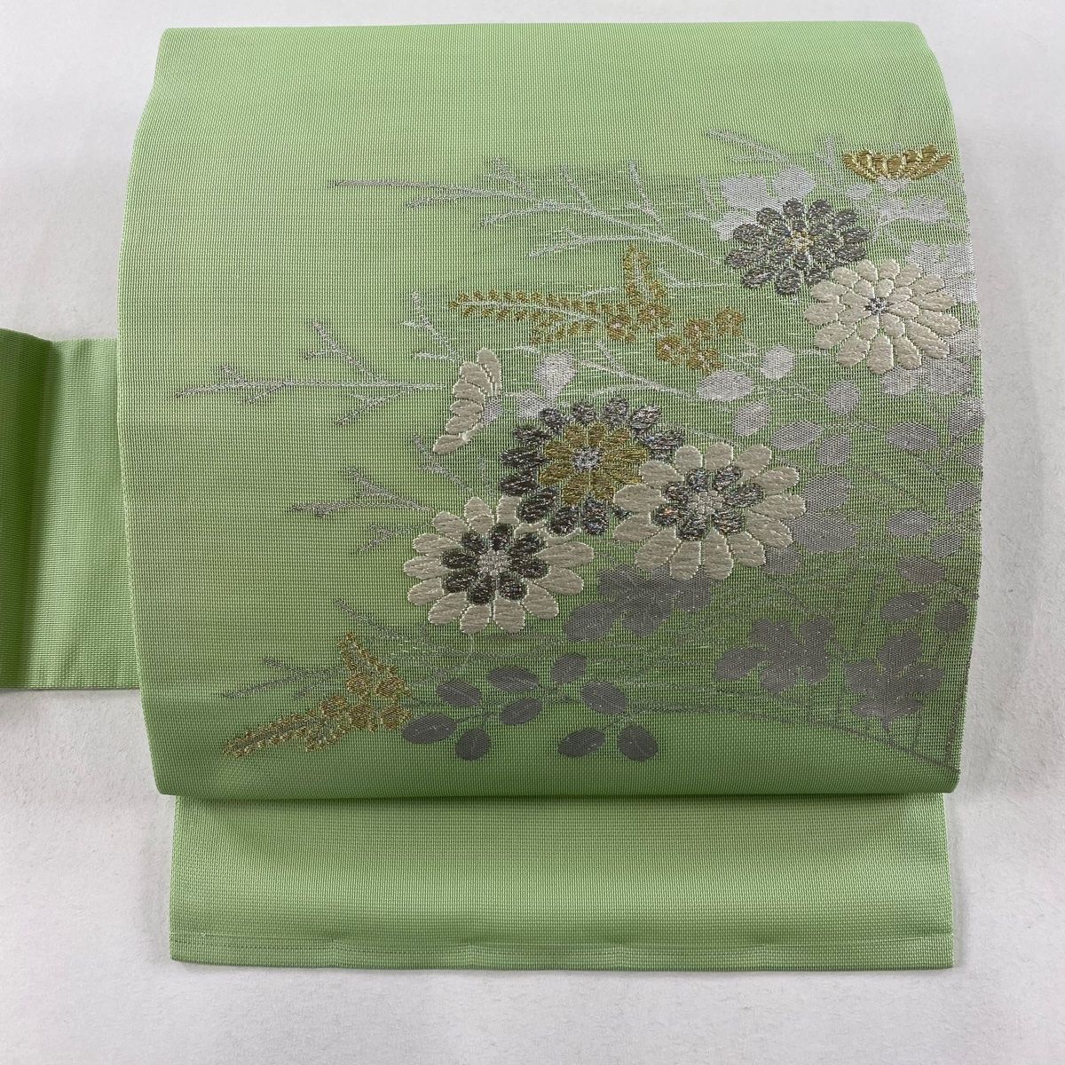 名古屋帯 秀品 夏帯 紗 関西仕立て 菊 萩 金銀糸 箔 薄緑 正絹