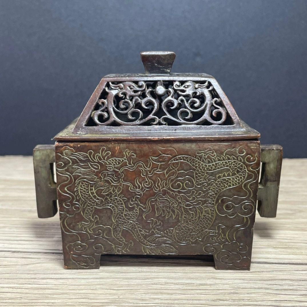 【日本製】 四神獣 浮彫薫炉 置物 美術 工芸品 装飾品 香道具 獅蓋方薫香炉 工芸品