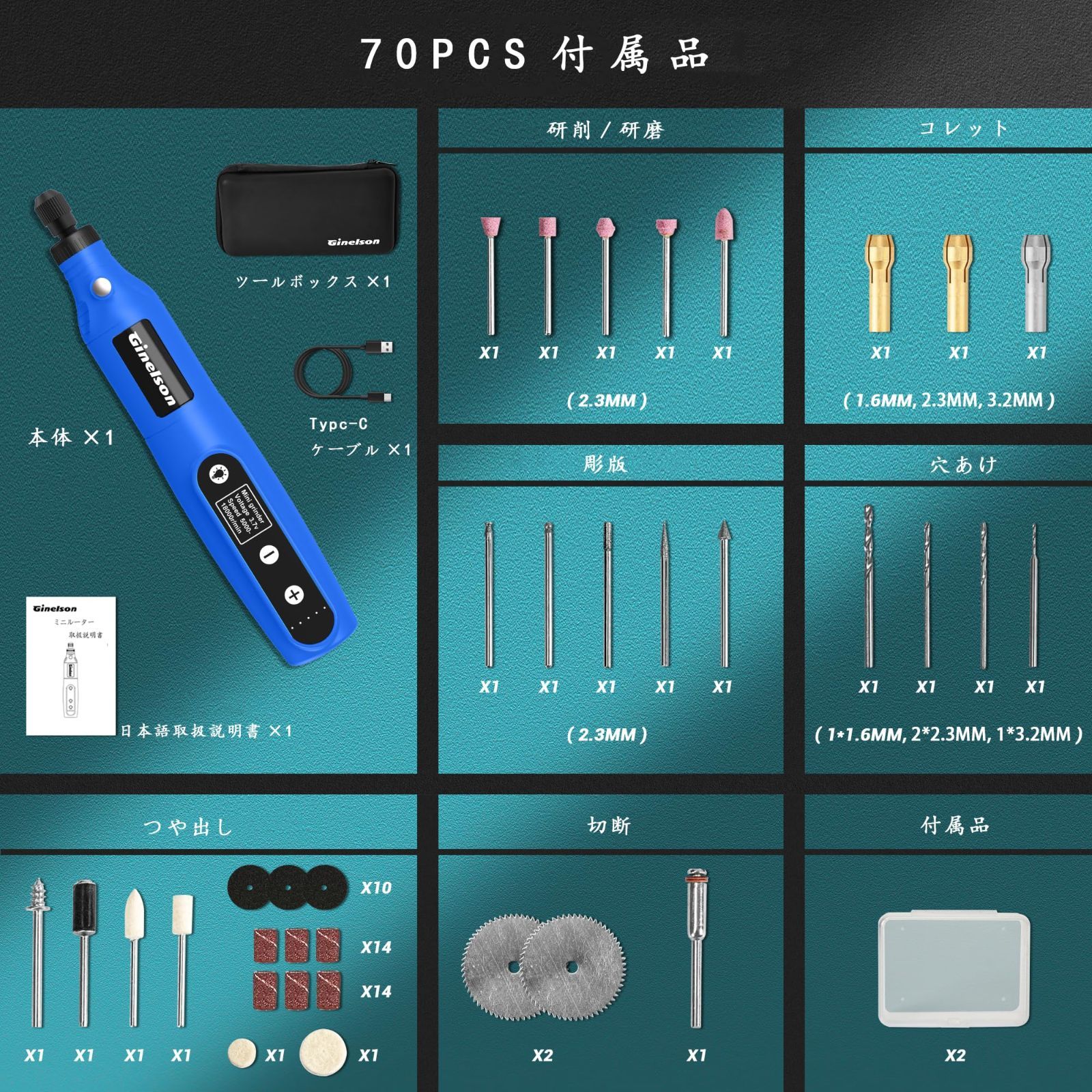 彫刻/穴あけ/研磨/切断/切削/つや出し/マニキュア/汚れ落とし 軽量 軽作業に向け コンパクト コードレス TYPE-C充電式 照明ライト  18000RPM高速回転 日本語取扱説明書付き 70PCS 5段変速 ミニルーター Ginelson - メルカリ
