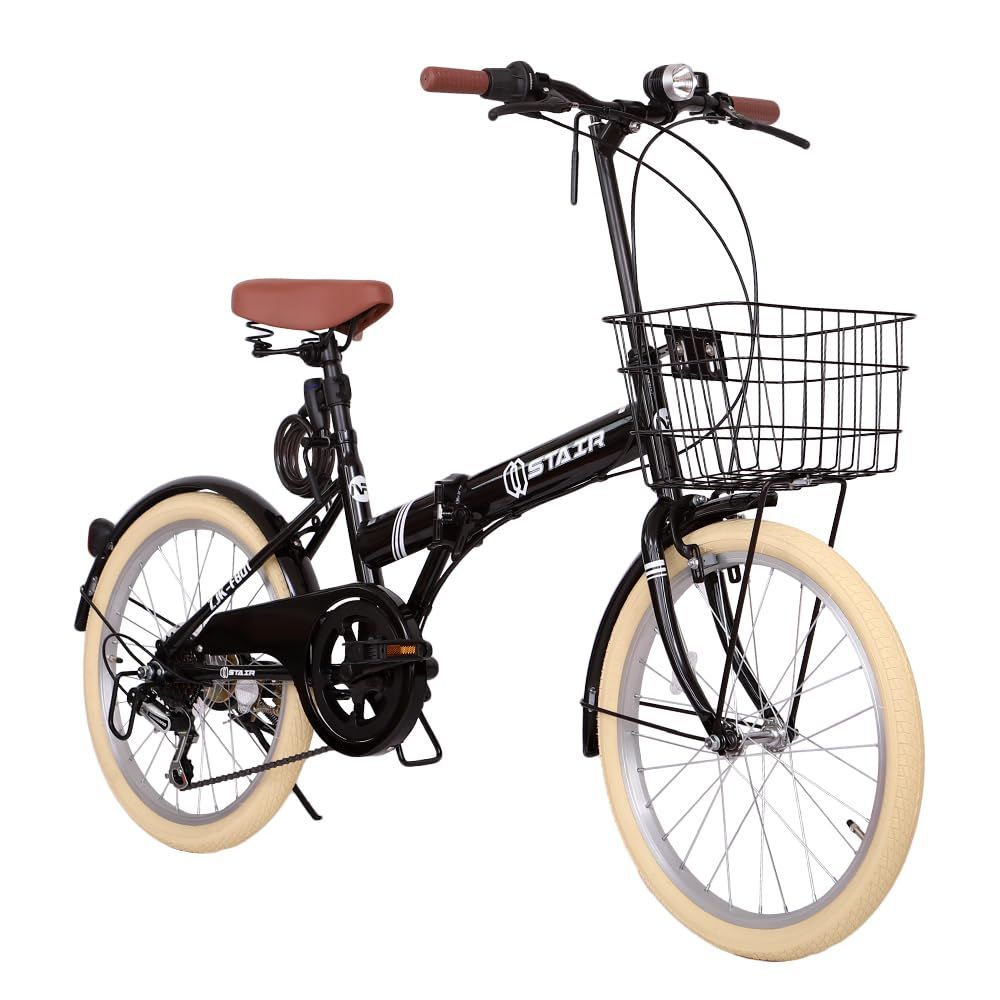 商品 小径車 ハンドルの高さ調節できる ミニベロ 前後泥除け装備 ワイヤ錠 ライトの カゴ付 シマノ６段変速 ブラック 20インチ 折り畳み自転車 折りたたみ自転車