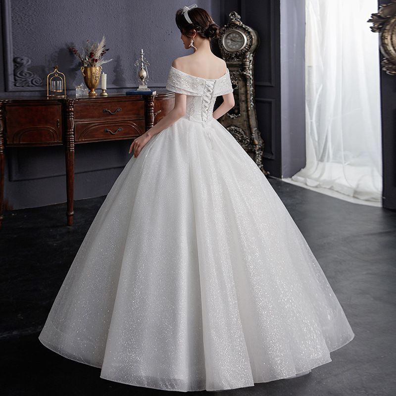 一字肩 ロングトレーン ウエディングドレス 主婚纱 赫本風 法式 新娘 軽 小柄向け 森系 出門纱 MAAHADDERANG_COM