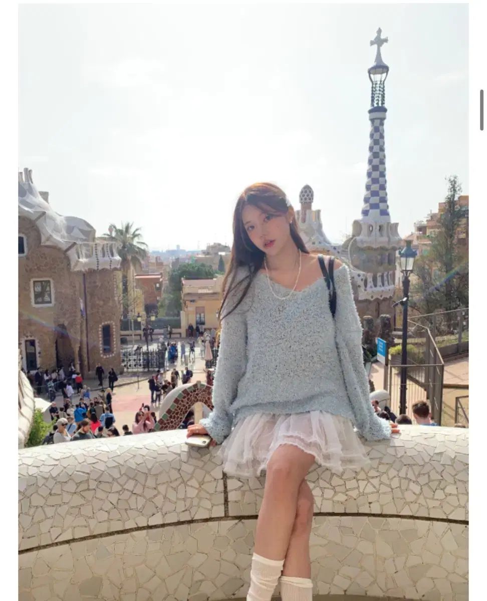 モダンローブ シフォンスカート スカイブルー ニット